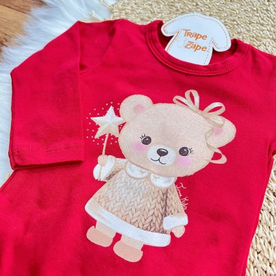 Conj. Body Manga Longa Ursinha, Saia e Faixinha em Plush - Vermelho